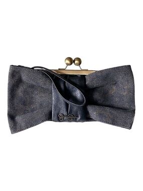 Jessica Simpson Canvas Bow Wristlet Black Gold 10” x 5” EUC